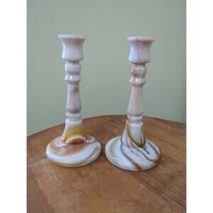 Unique Smith Glass Company Almond Nouveau Candlesticks 7 1/2"